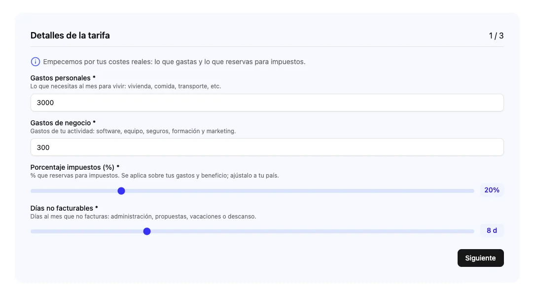 Calculadora de tarifas freelance: introduce gastos, impuestos y días no facturables