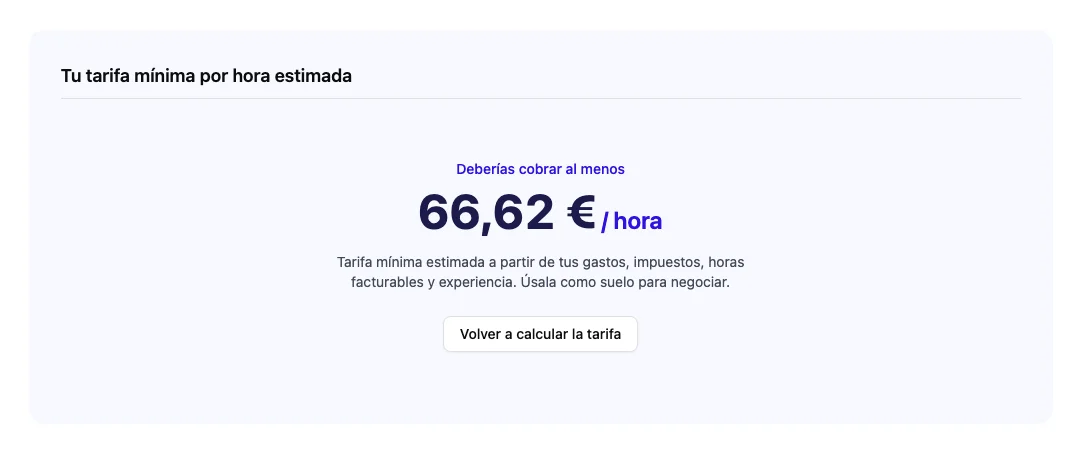 Resultado de la calculadora: tarifa mínima estimada de 66,62 € por hora